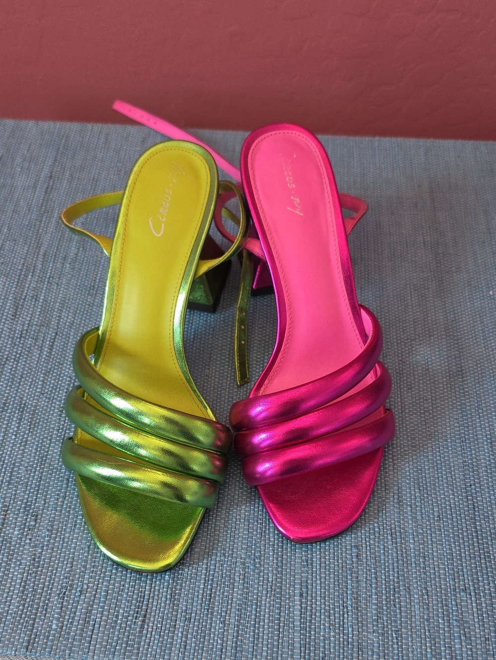 Circus Metallic Pink & Green Strappy Block Heel Sandals